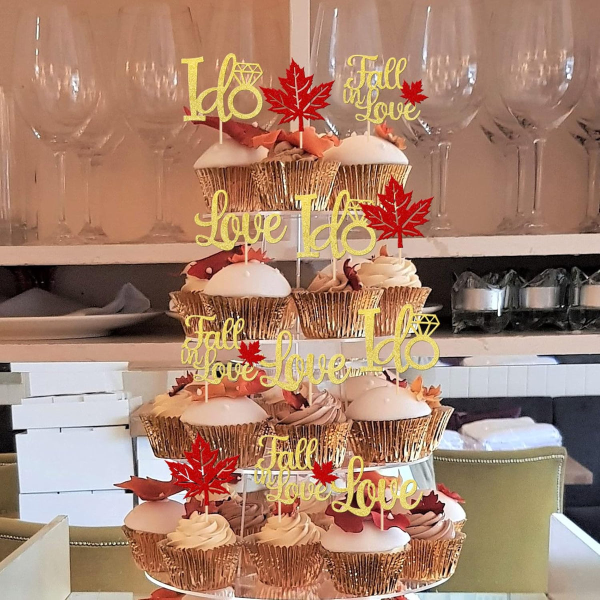 24 PCS Fall in Love Cupcake Toppers Glitter Maple Leaves Love I Do Cupcake Picks Fall Theme Wedding
