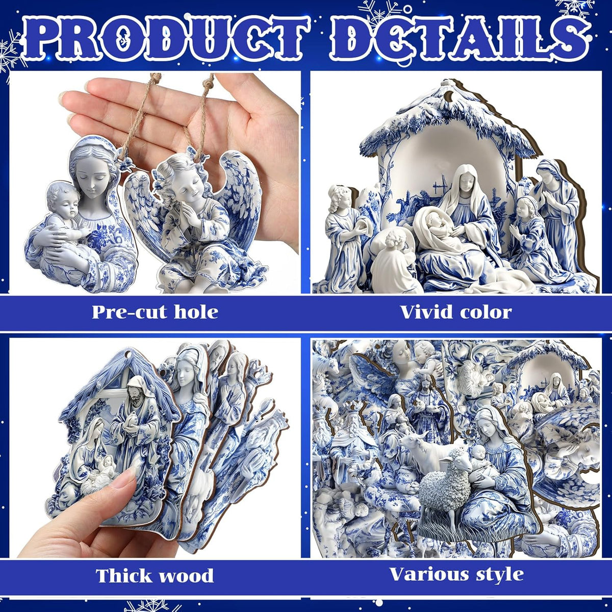 Suzile 36 Pcs Christmas Wooden Ornaments Nativity Scene Tree Decorations Vintage Blue and White