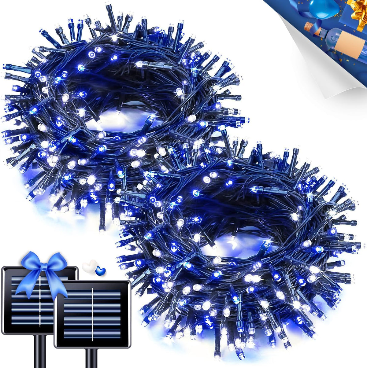 JMEXSUSS 2 Pack Blue & White Solar String Lights, Each 100 LED 33ft, Waterproof, 8 Modes for