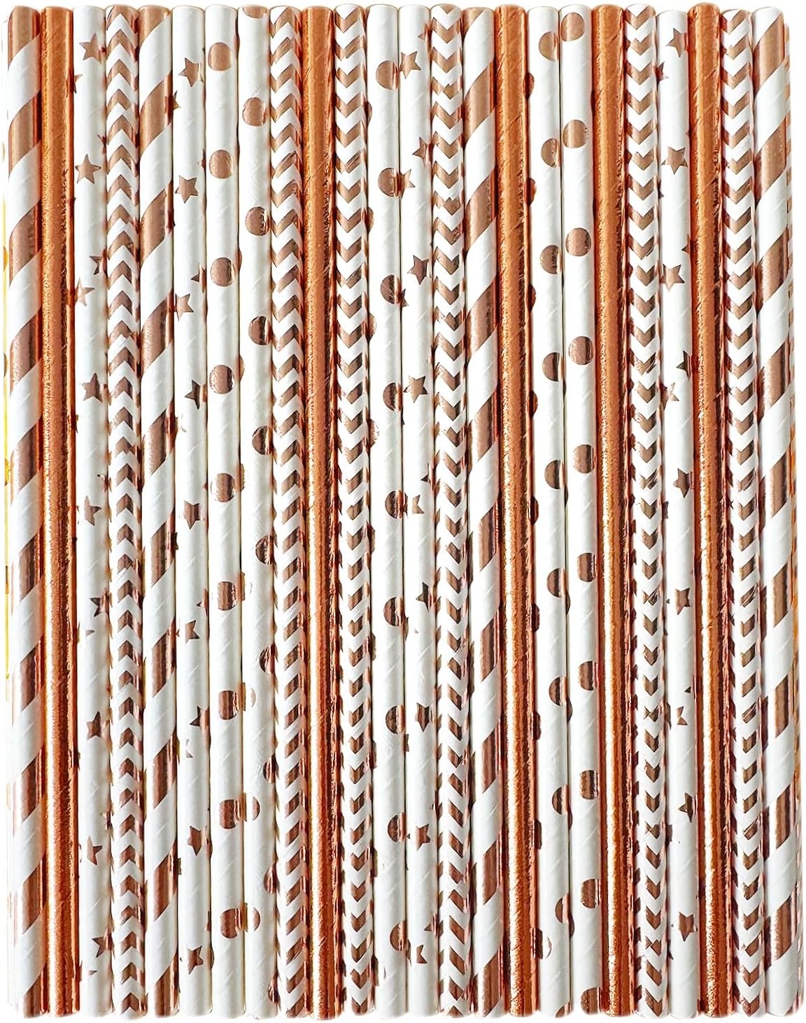 YAOSHENG [100 Pack] Pink & Gold Paper Straws Disposable, 100% Biodegradable Multi-Pattern Party