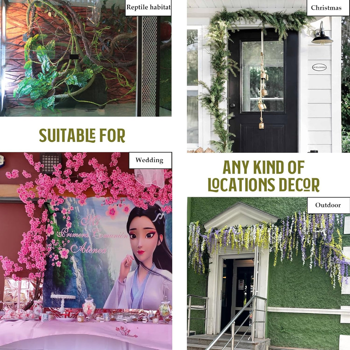 118 inch Medium Malleable Artificial Green Tree Branches Grapevine Garland Fake Cherry Blossom Tree