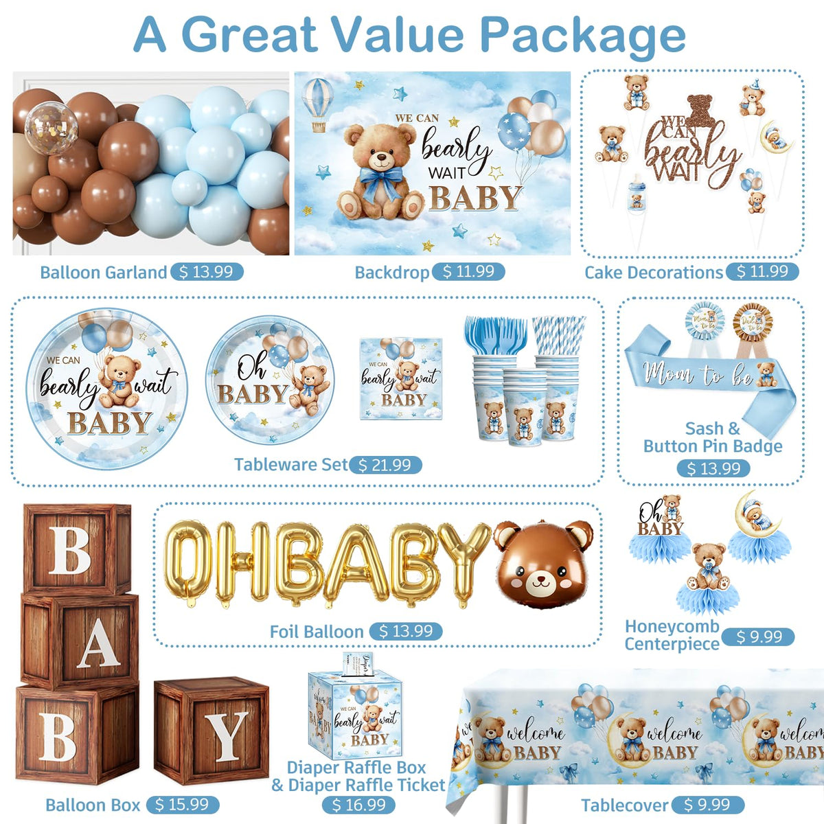 213Pcs cocomigo Blue Baby Boy Shower Decorations Tableware Set, 25 Serves