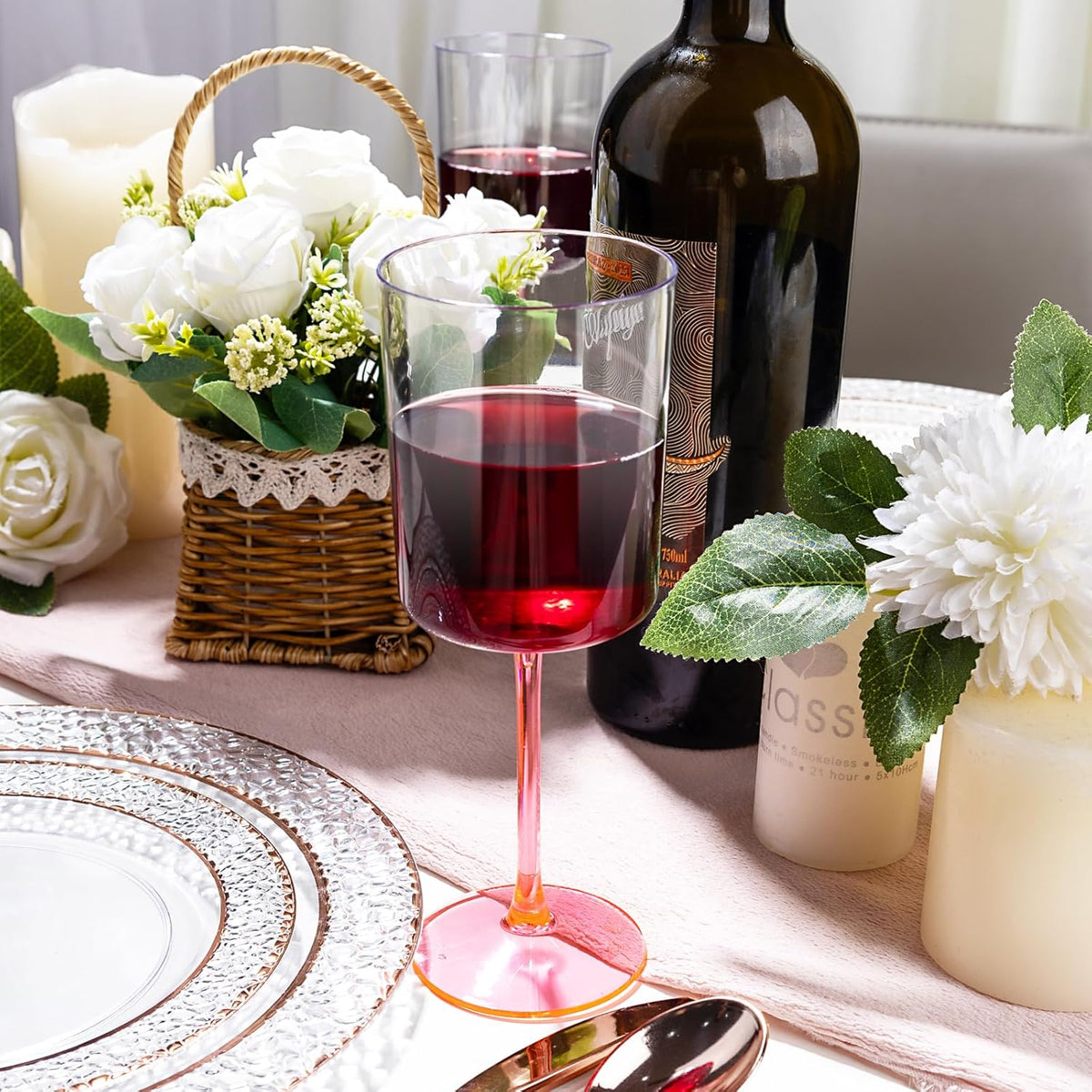 Ciaell 12 Pack 10 Oz Clear Plastic Wine Glasses with Pink Stem - Disposable Cocktail Goblets