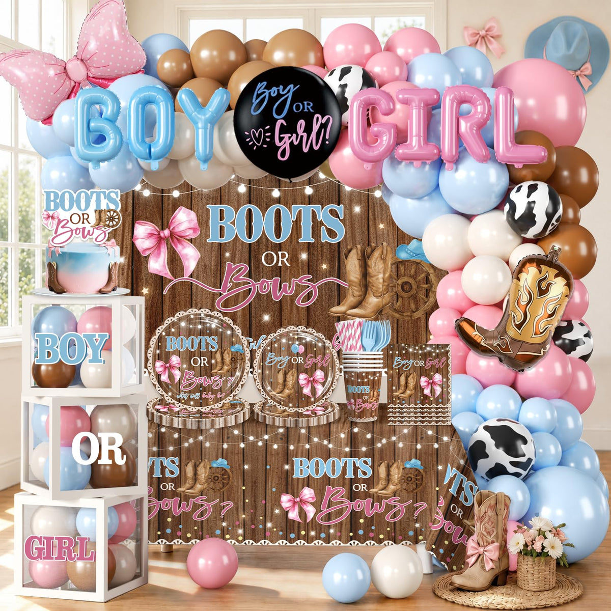 Cocomigo Boots or Bows Gender Reveal Decorations,Serves for 25