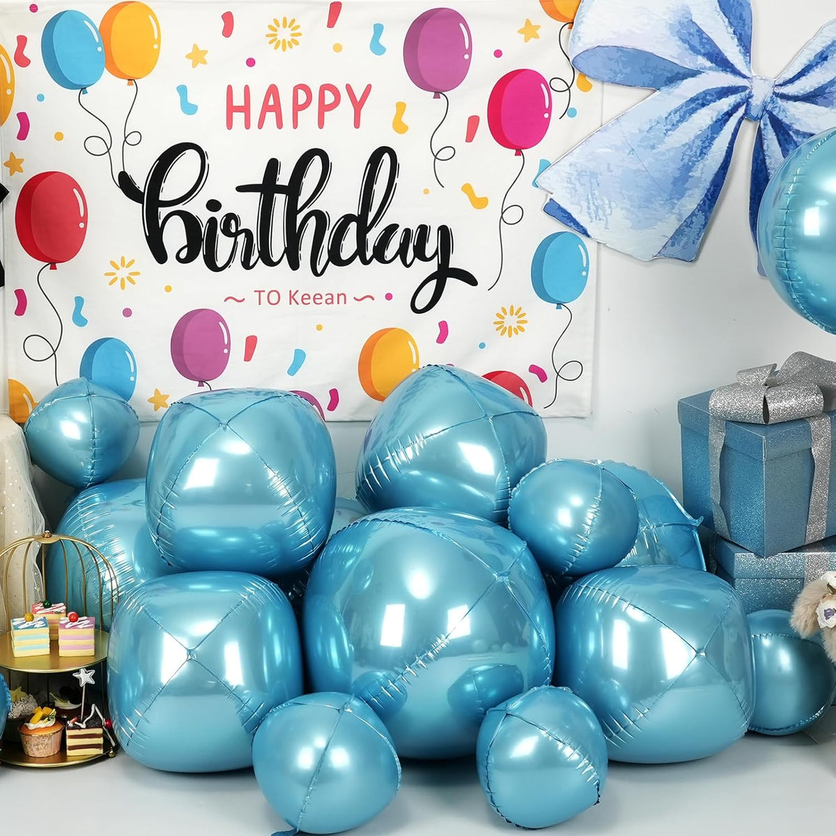 12Pcs Light Blue Round Foil Balloons, 22" 15" 10" 4D Helium Ball Balloon, Metallic Pearl Blue Foil