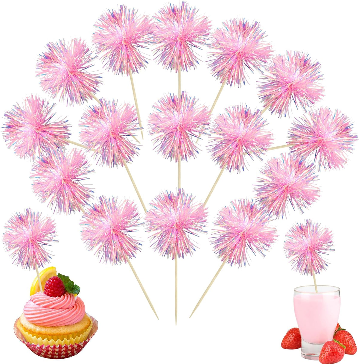 Ephlyn 30Pcs Foil Firework Cupcake Toppers Sparkle Tinsel Cupcake Picks Happy Birthday Cake Toppers