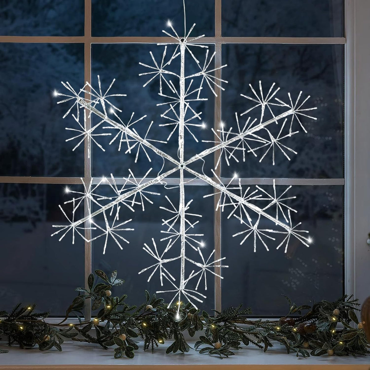 30’’ Christmas Snowflake Lights Outdoor, Pre-lit 240Pcs Cool White LEDs Hanging Silver Snowflake