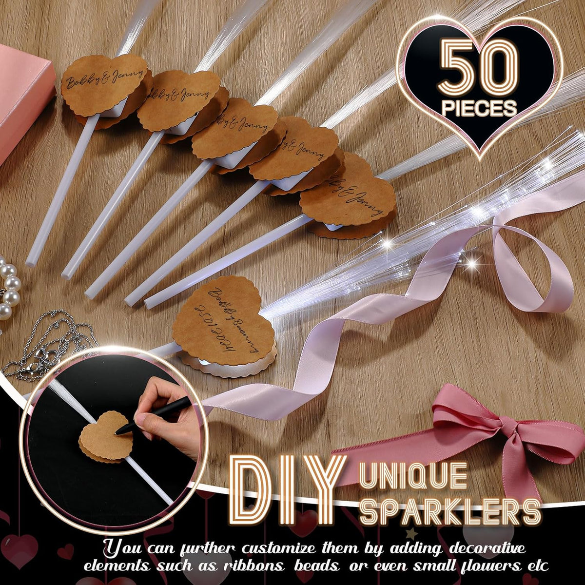 50 Pcs Wedding Sparklers Heart Shaped LED Glow Sticks Fiber Optic Wands Light up Wand with 3 Light