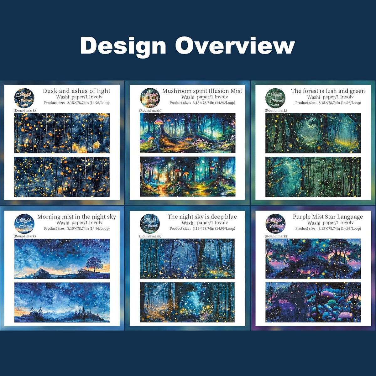 Night Forest Seamless Washi Tape Scrapbook Kit ??6 Rolls with Starry Sky, Fairy Woods & Twilight