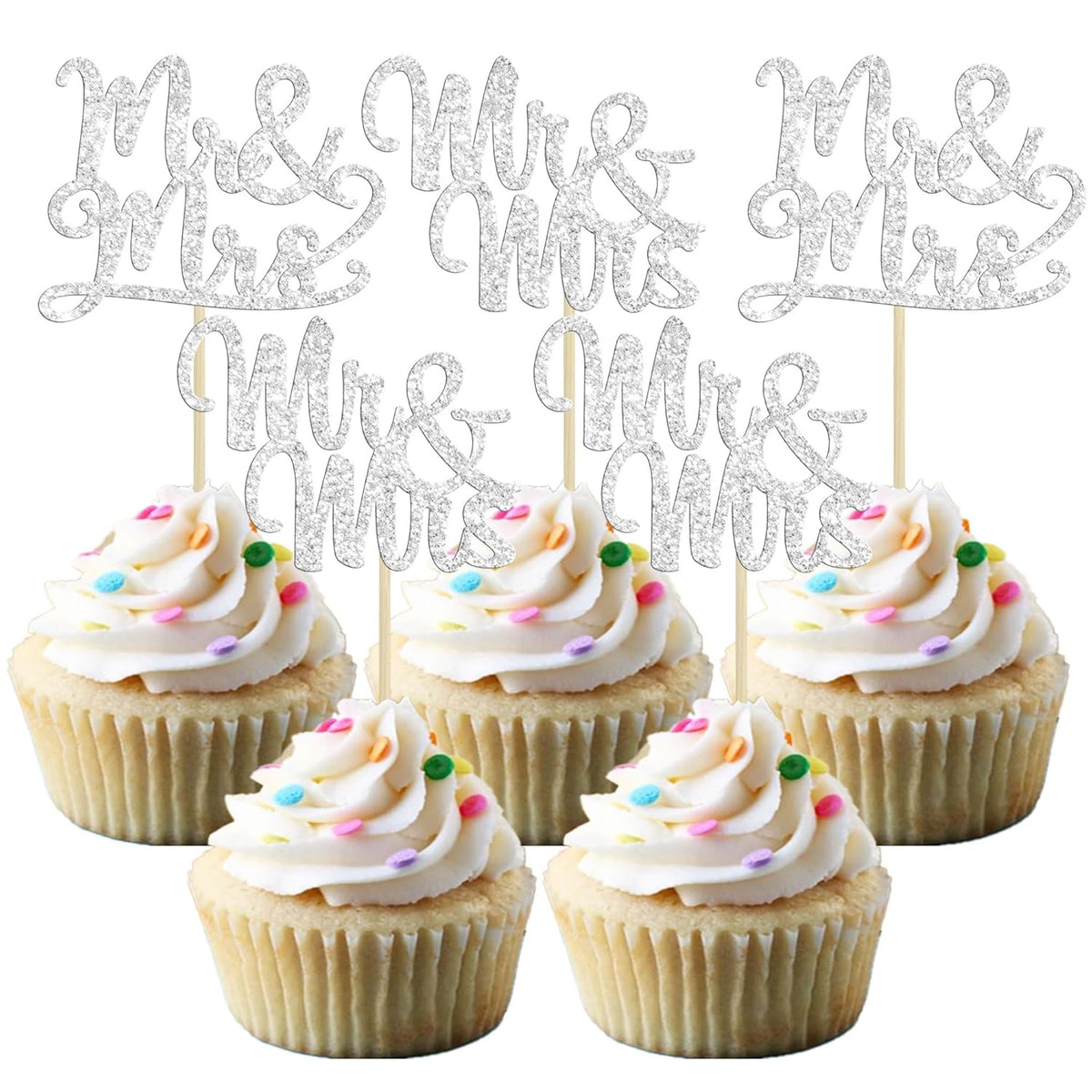Gyufise 36Pcs Silver Glitter Mr & Mrs Cupcake Toppers Love Cake Decoration Picks for Wedding &