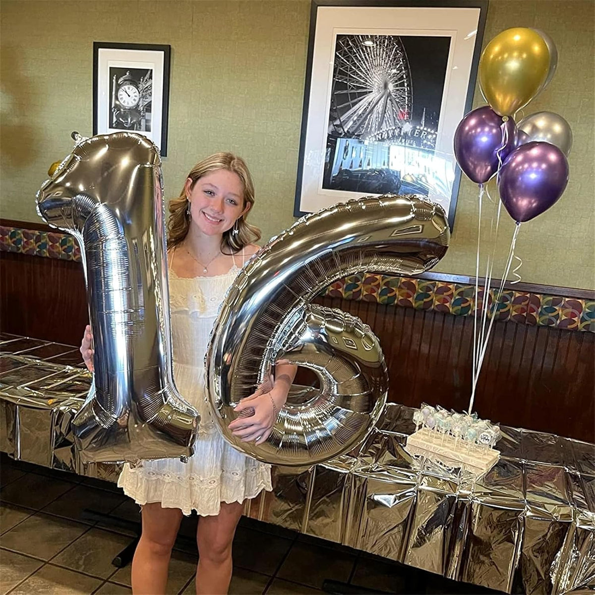 Silver 1 Balloon Number, 40 Inch Giant Helium Foil Number 0-9 for Boys Girls, Self Inflating 1st
