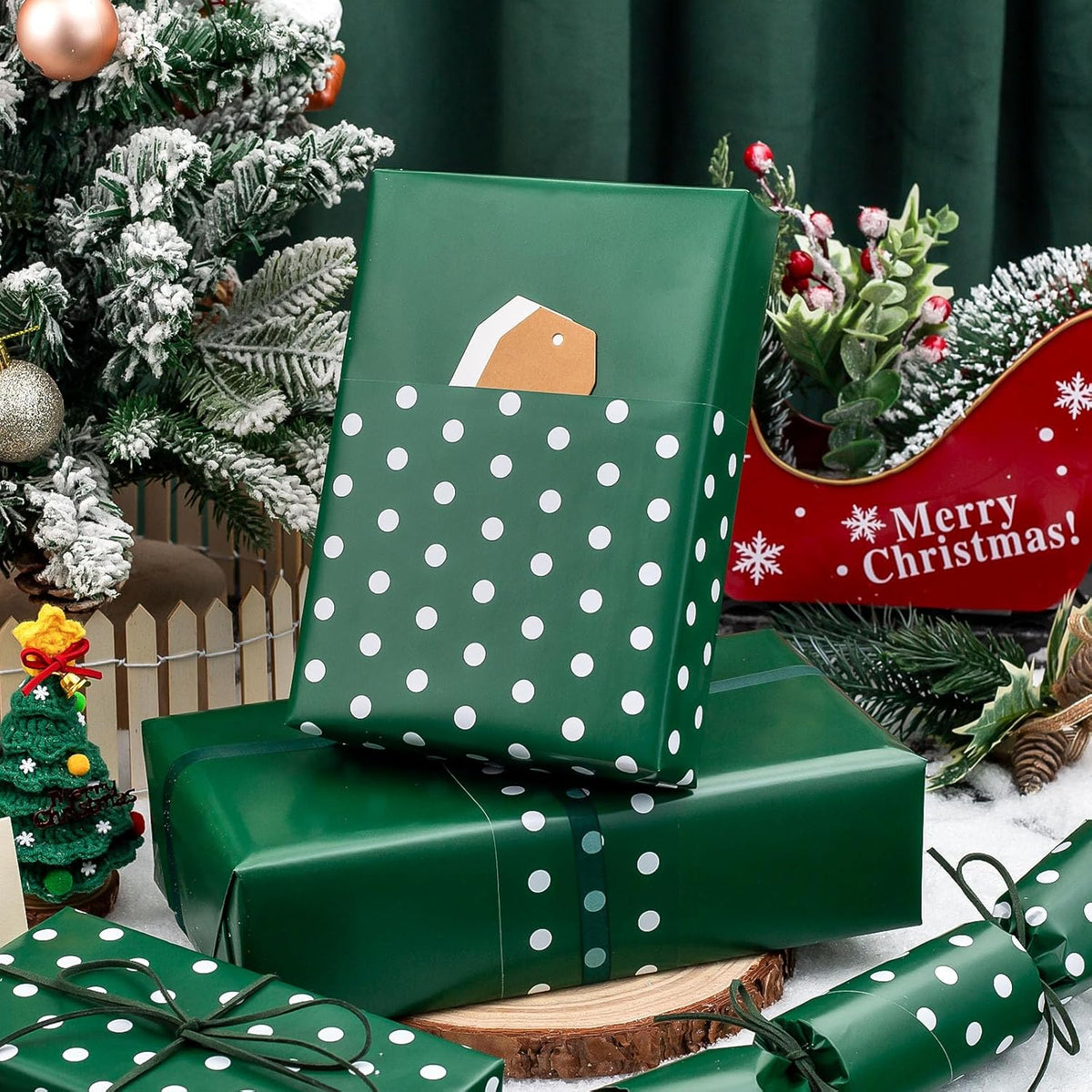 Flyhill Green Wrapping Paper Roll,Reversible Gift Wrap Paper with Polka Dot Design for