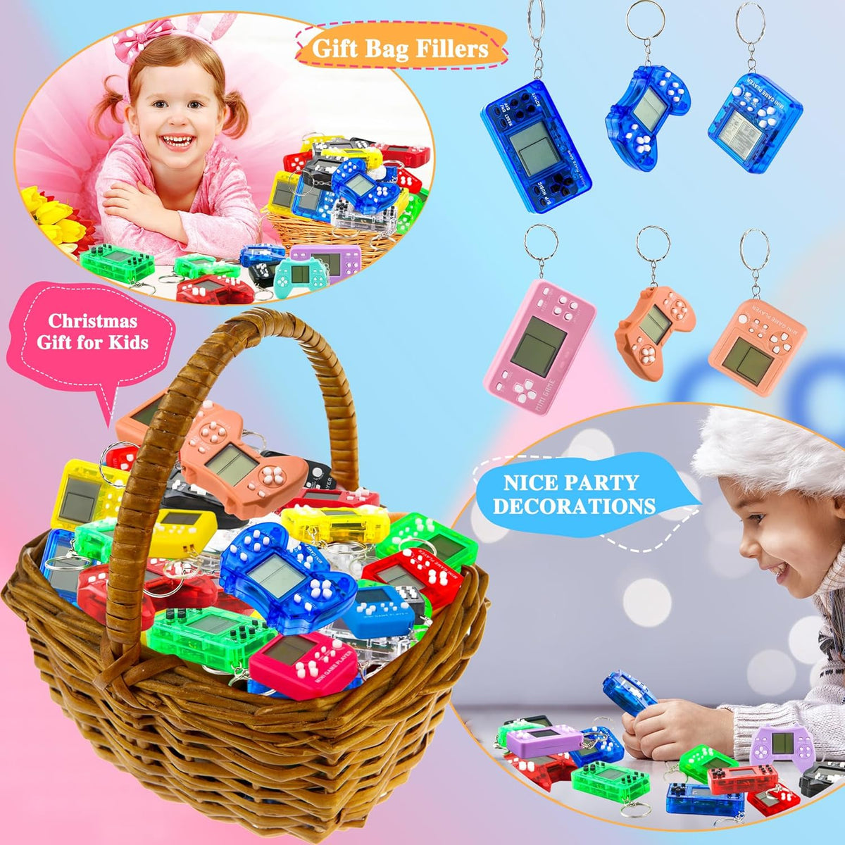 36 Pack Video Game Keychain Mini Square Handheld Video Game Key Chain for Kids Birthday Video Game