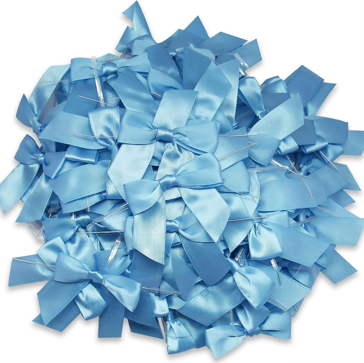 114 Pack Twist Tie Bows for Treat Bags 3" Sky Blue Satin Ribbon Bows for Package Craft, Gift