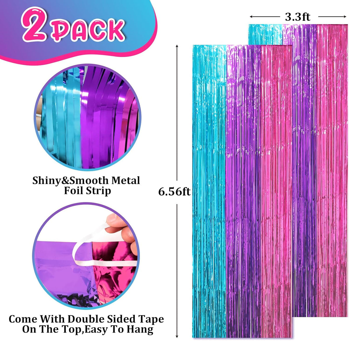2 Pack Blue Purple Pink Foil Fringe Backdrop Curtains, Tinsel Streamers Party Decorations, Fringe