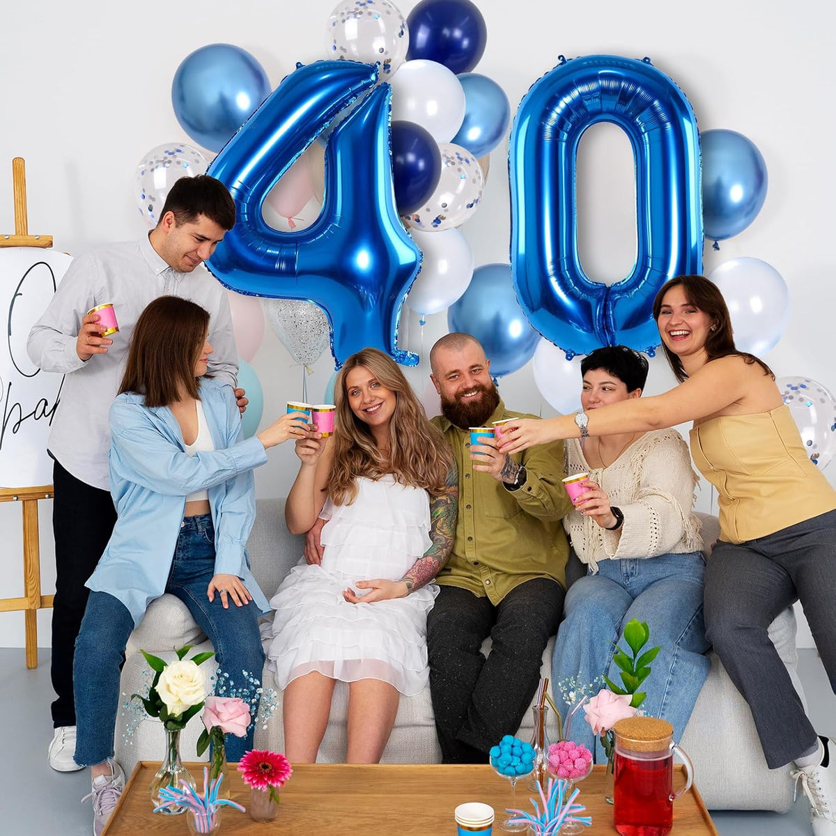 Large Foil Number 40 Balloons, Big Light Navy Blue 40 Helium Balloon with Metallic Silver Confetti