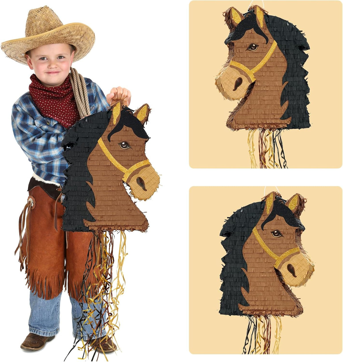 WERNNSAI Horse Piñata - Brown Horse Party Decorations Hanging Cowboy Piñata with Blindfold and Bat