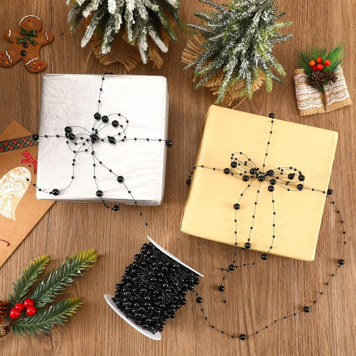 JULBEAR 131Ft Artificial Pearl Beads Garland Decoration, 1Rolls Black Pearl Strands Chain Bead