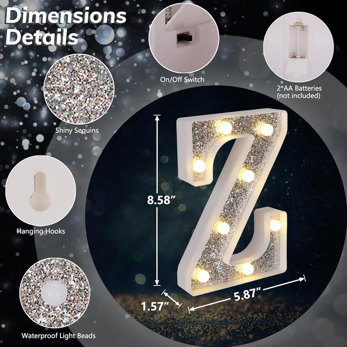 Marquee Light Up Letters, Glitter Silver LED Letter Lights Battery Powered Alphabet Letter Sign for