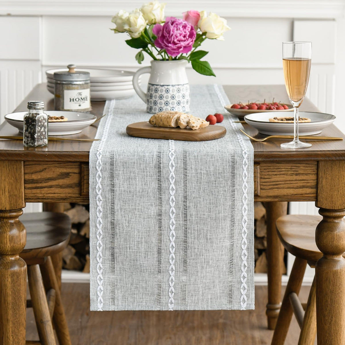 Artoid Mode Grey Rustic Cotton Linen Table Runner, Seasonal Embroidered Hollow Kitchen Dining Table