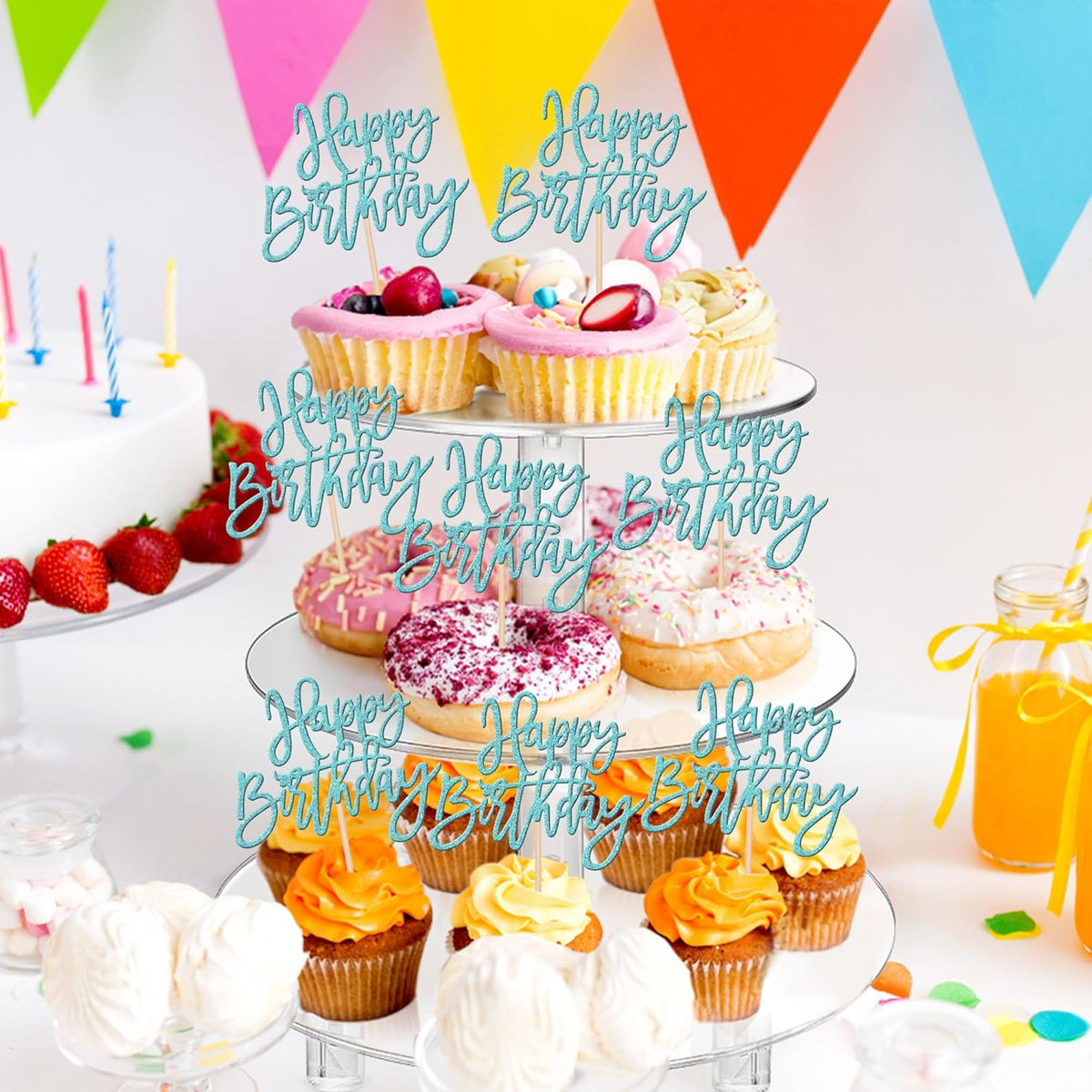 24 PCS Happy Birthday Cupcake Toppers Glitter Picks for Celebrating Anniversary Theme Party Cake