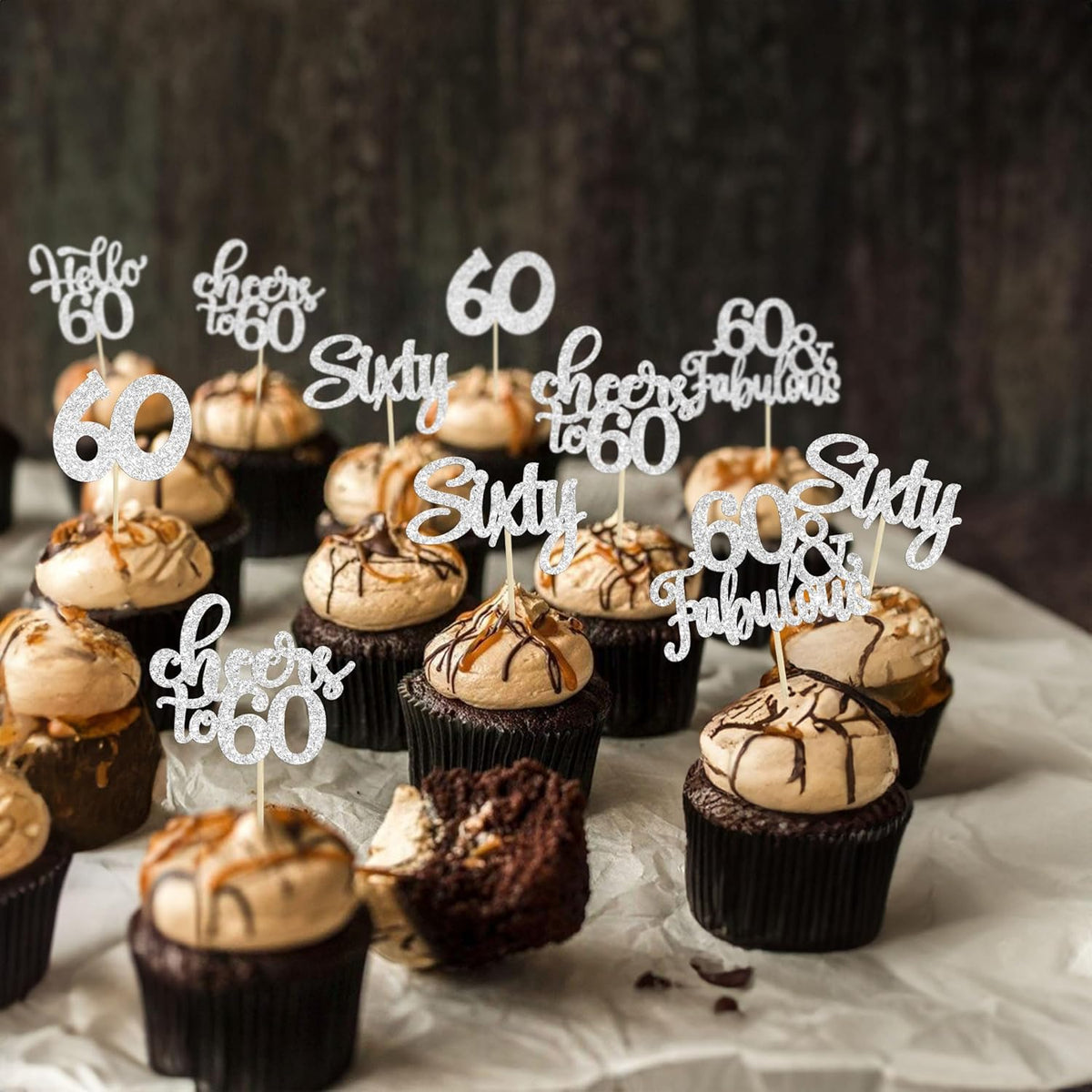 30Pcs Happy 60th Birthday Cupcake Toppers Silver Glitter Sixty Cake Toppers Cheers to 60 Years Old