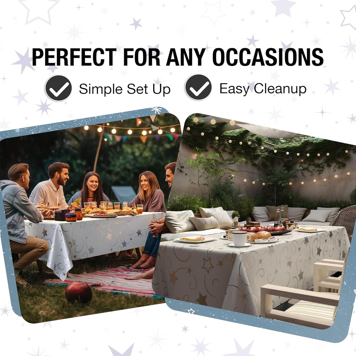 Exquisite Silver Star Tablecloth Plastic 12-Pack Disposable Rectangle Tablecloths 54" x 108" Silver