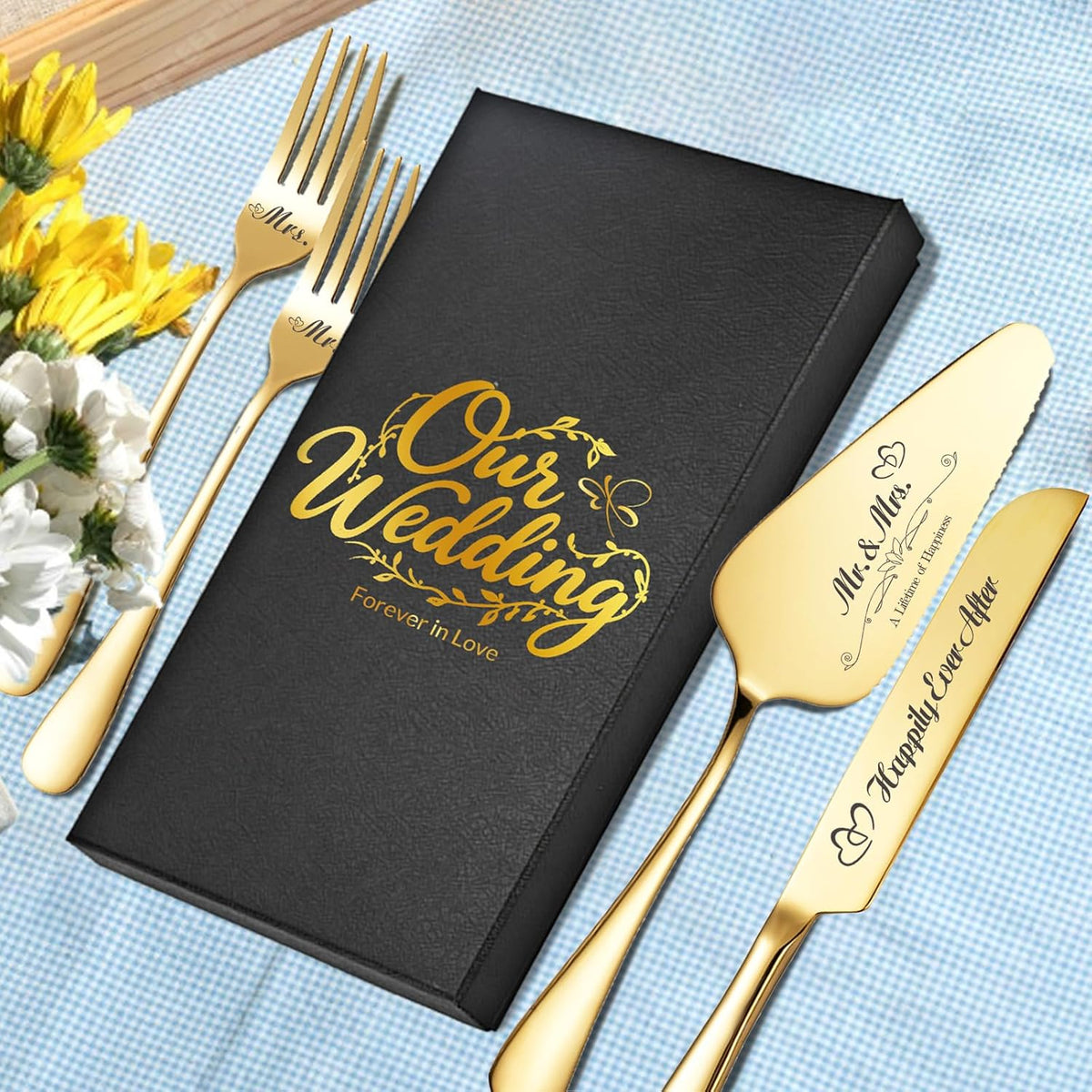 Personalized Wedding Cake Knife and Server Set, Wedding Gold Cake Cutting Set with Stainless Steel