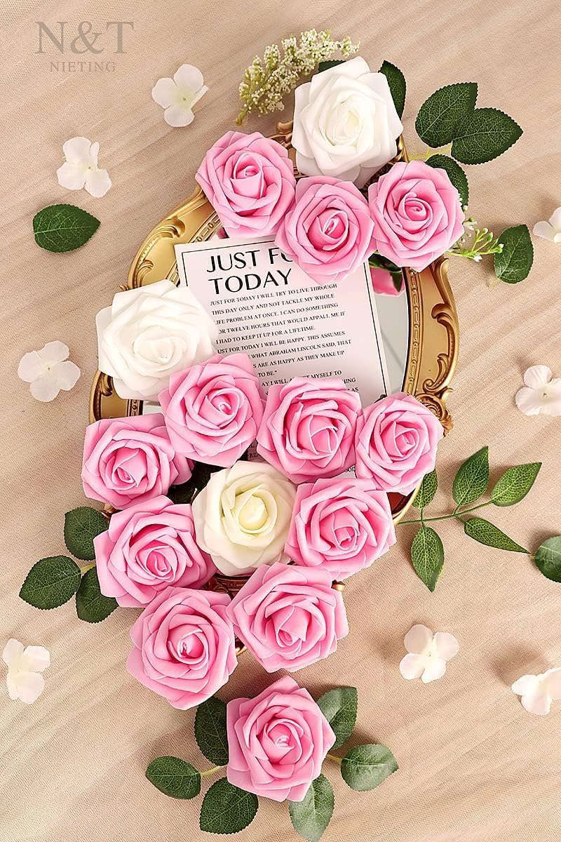 N&T NIETING Artificial Flowers Pink Roses, 50Pcs Fake Flowers Foam Roses with Stems for DIY Wedding
