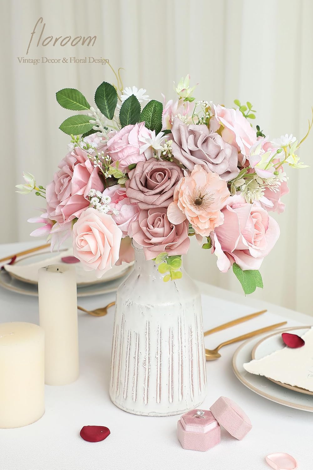 Floroom Dusty Rose Artificial Flowers Fake Roses Peonies and Greenery Combo Box Set for DIY Wedding