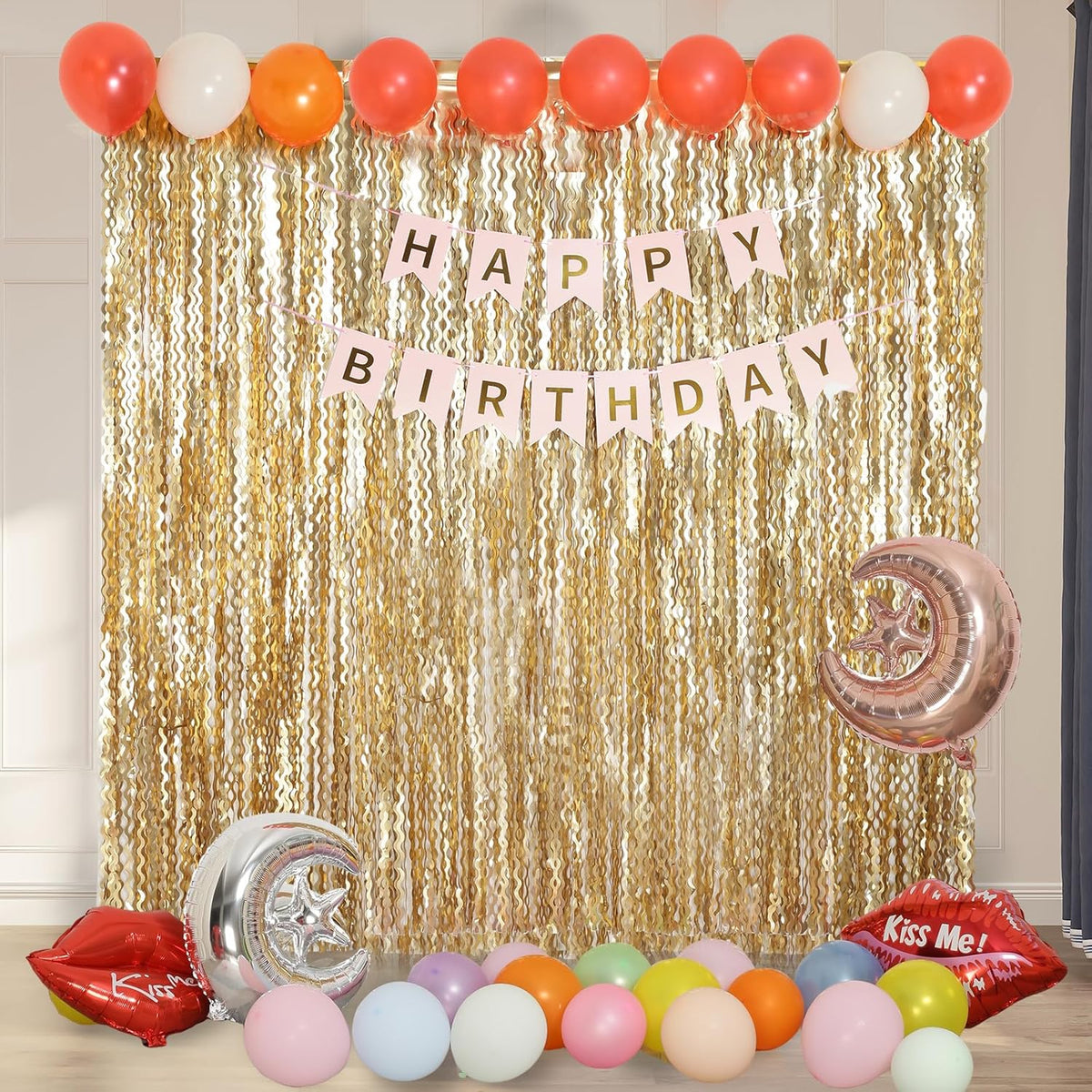 4 Pack Wavy Champagne Gold Metallic Tinsel Foil Fringe Curtains Backdrop - 3.3X6.6ft Foil Fringe
