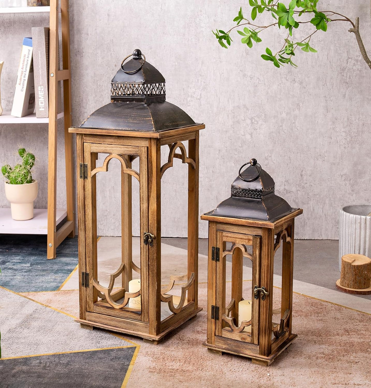 Large Farmhouse Decorative Wooden Lantern Set of 2, Rustic Brown Floor Lanterns, Indoor/Outdoor