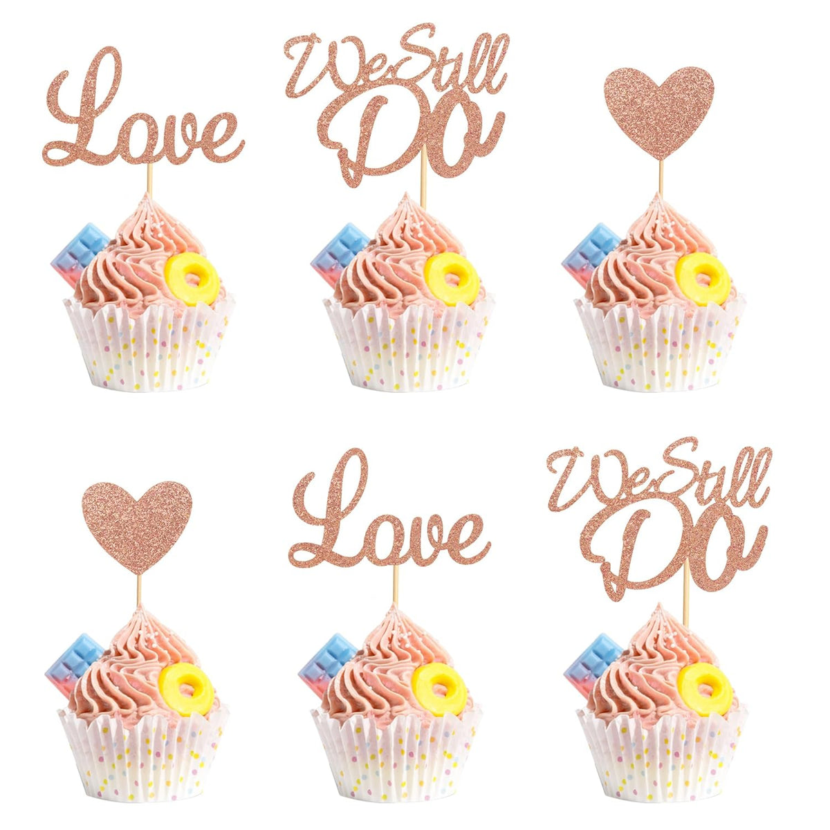 24Pcs We Still Do Cupcake Toppers Glitter Love Heart Marriage Anniversary Cupcake Picks Bridal