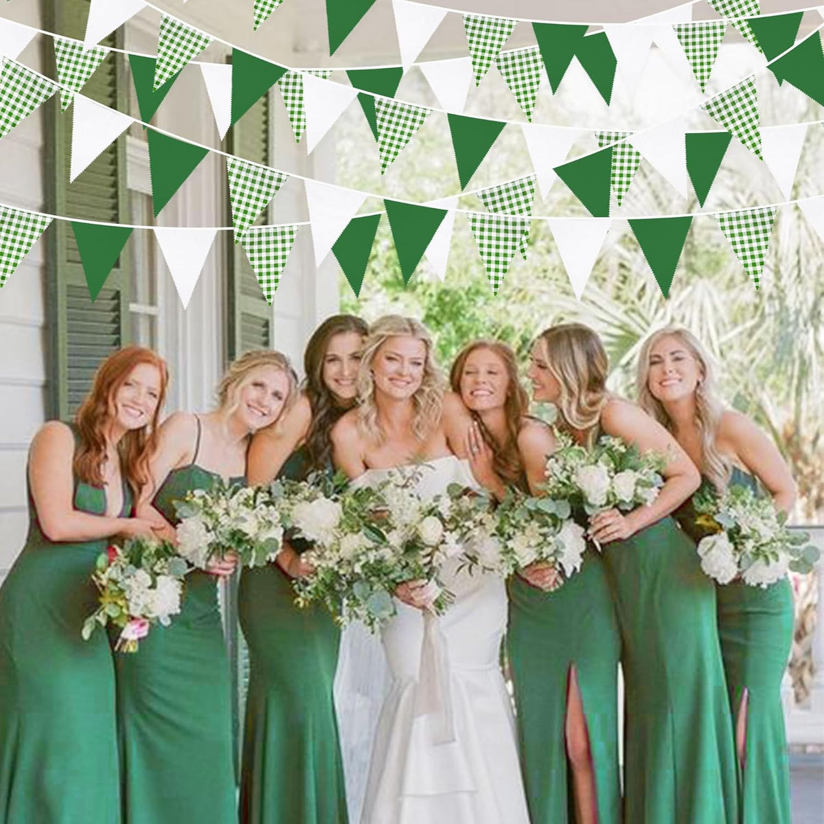 32Ft Green Party Decorations Green Buffalo Plaid Checkered White Triangle Flag Gingham Pennant