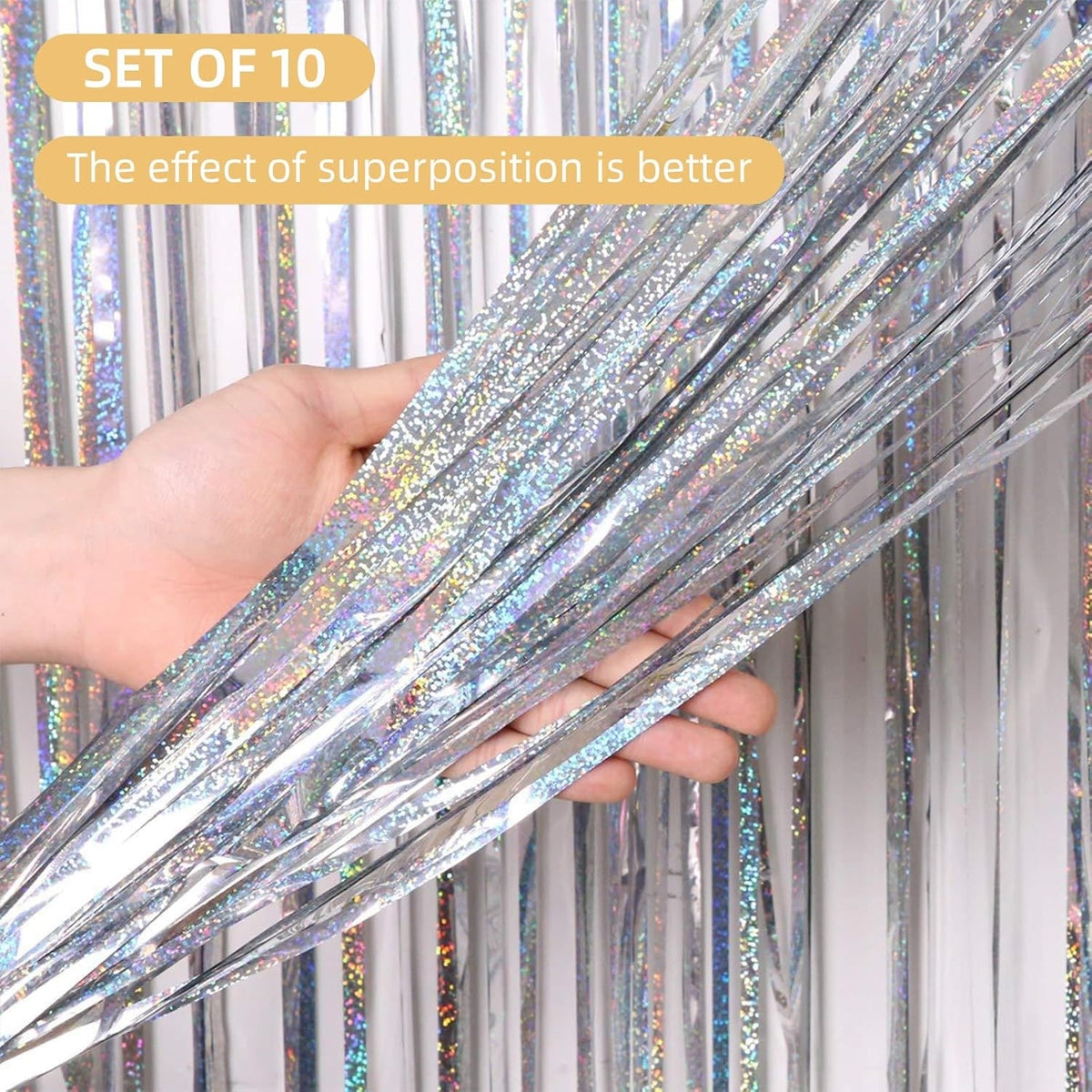 10 Pack Silver Backdrop Curtain 3.2ft x 8.2ft Metallic Tinsel Foil Fringe Curtains Photo Booth