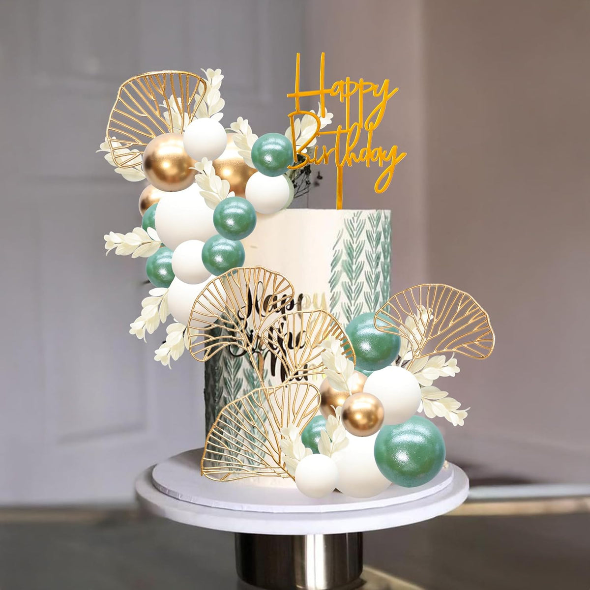 Gyufise 57Pcs Balls Cake Topper Boho Grass Cake topper Pearl Balls Acrylic Happy Birthday Cake