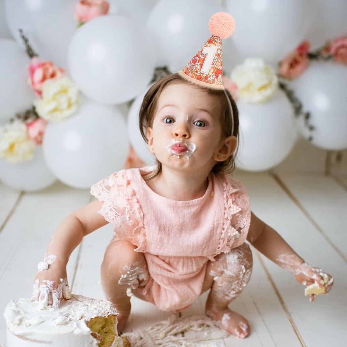 WAUAO Floral 1st Birthday Hat - Colorful Flower Cone Hat for Girls & Boys, First Birthday Crown