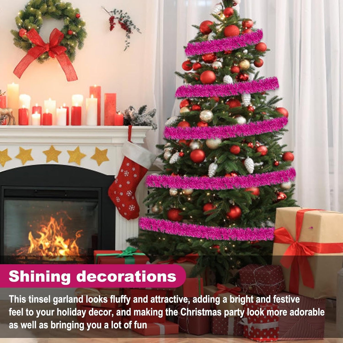 25 Feet Fuchsia Christmas Tinsel Garland, Metallic Foil Twist Garland Wall Hanging Tinsel Banner