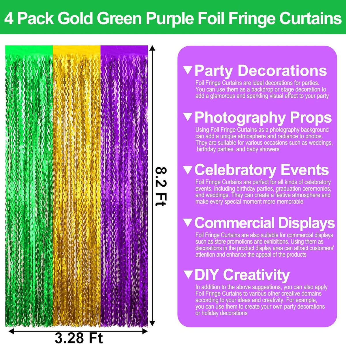 4 Pack Gold Green Purple Wave Foil Fringe Curtain Backdrop, 3.28Ft x 8.2Ft Metallic Tinsel Foil
