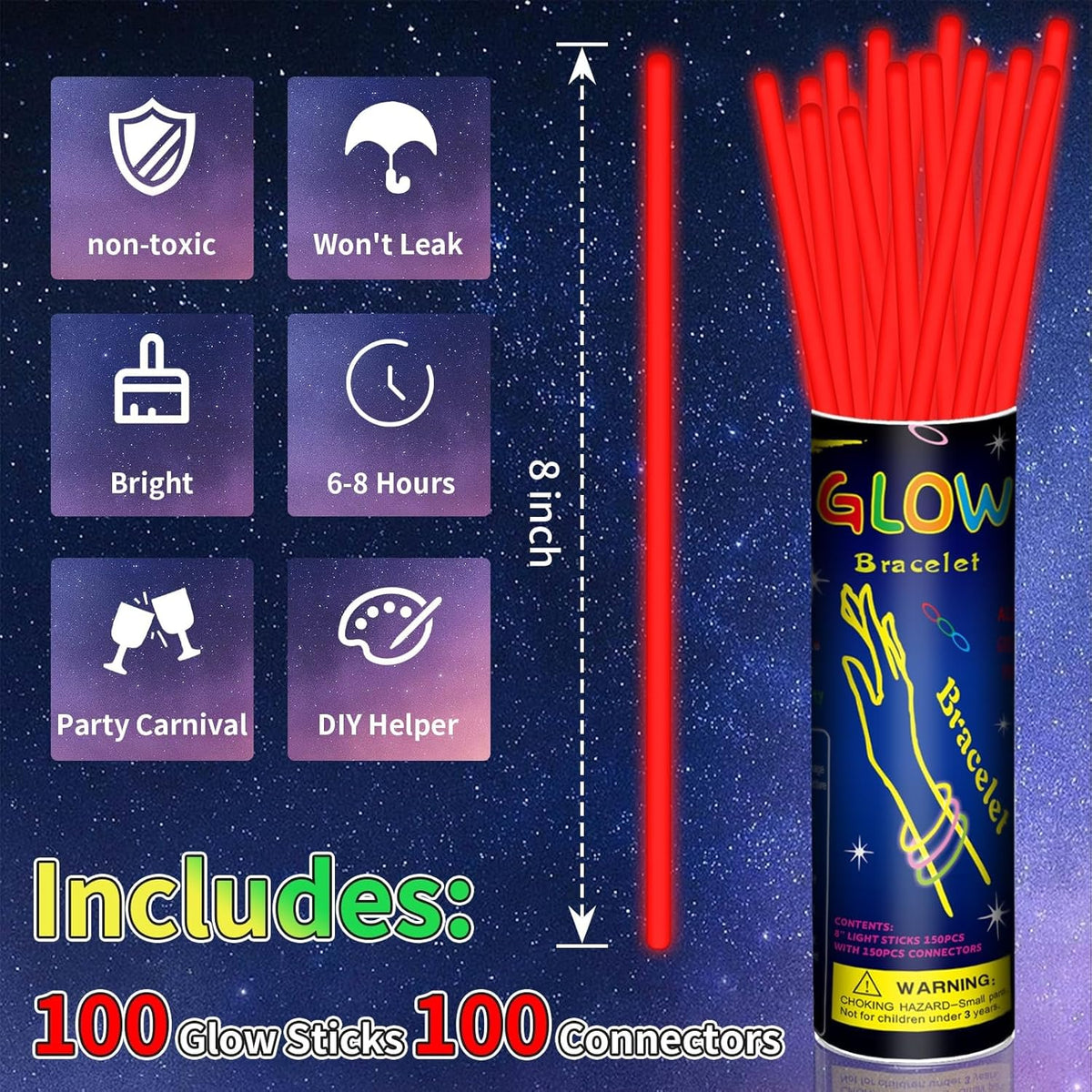 100 Pack 8” Red Glow Sticks Bulk with 100 Connectors Neon Glow In The Dark Party favors Supplies