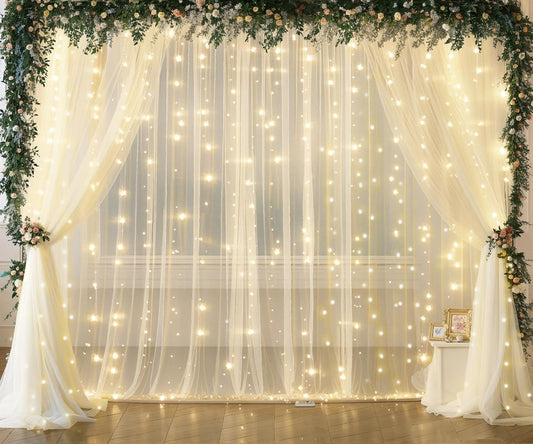 Ivory Tulle Backdrop Curtains with Lights String for Parites Wedding 20×8ft Ivory Sheer Backdrop