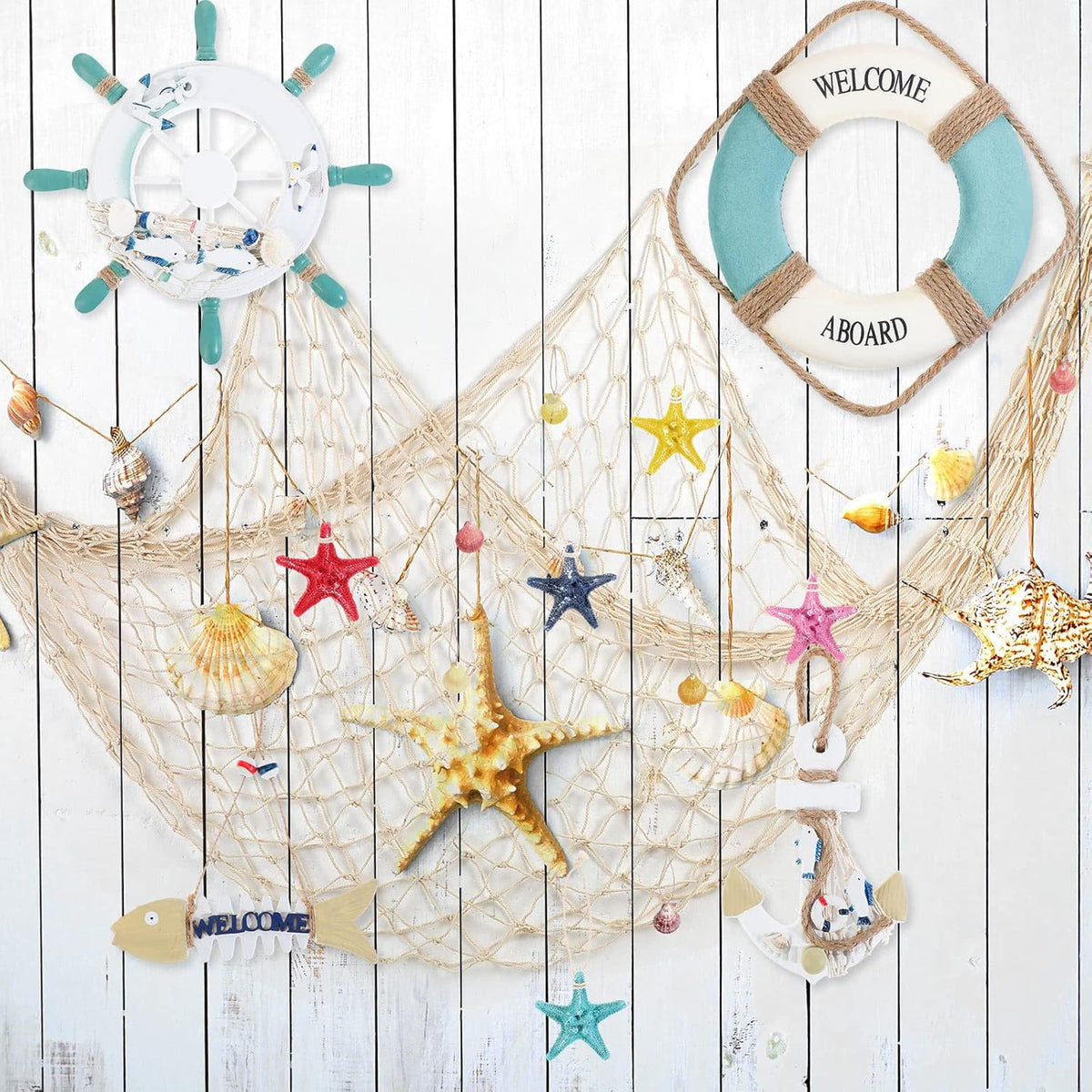 11 Pcs Wooden Nautical Wall Decor Fishing Net Decorations, Include Decorative Fishing Net, Ship