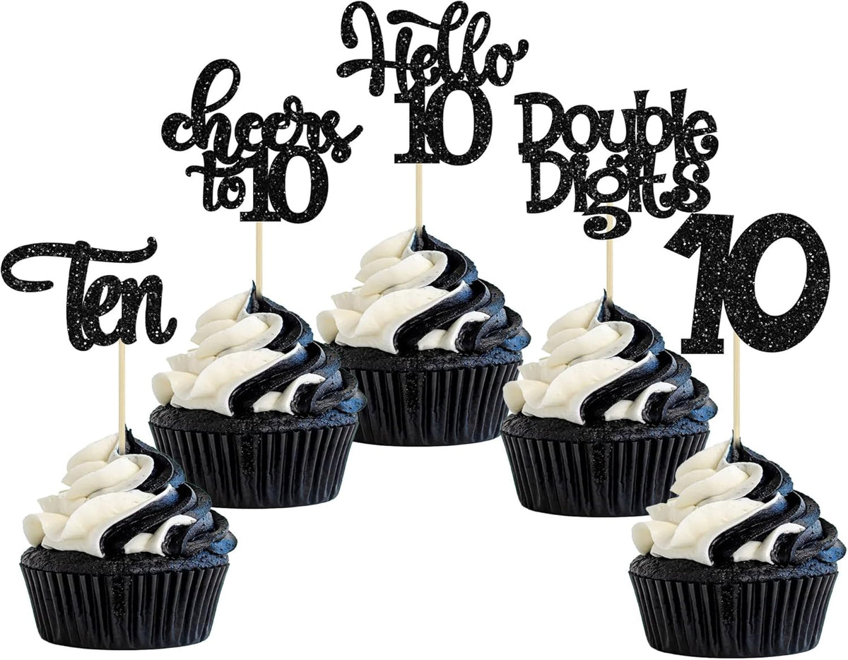 30Pcs 10th Birthday Cupcake Toppers Ten Double Hello 10 Cupcake Picks Cheers to 10 Years Old Cake