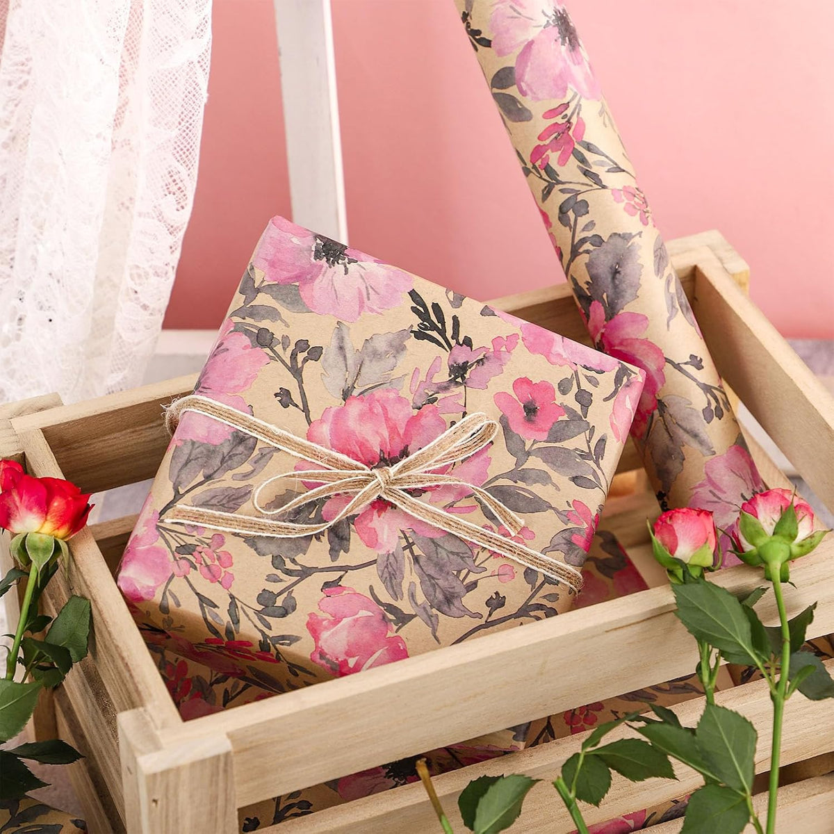 RUSPEPA Pink Wrapping Paper Roll, 17 in x 16.4 ft, Mini Roll, Floral Wrapping Paper, Kraft Gift