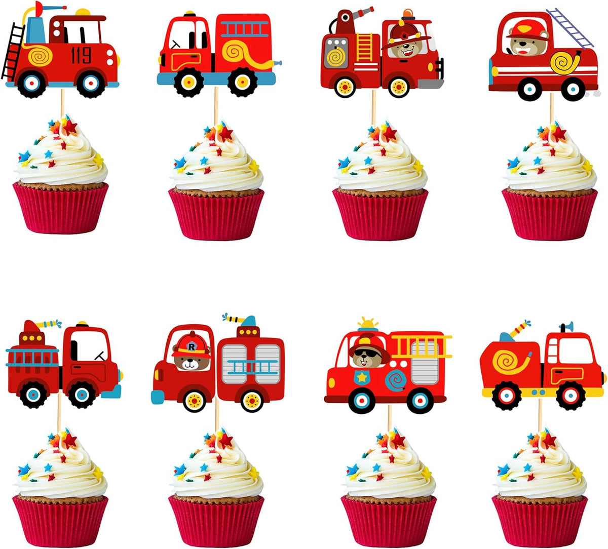 24pcs Fire Truck Cupcake Toppers Bear Firefighter Fire Truck Birthday Decorations Fireman Birthday