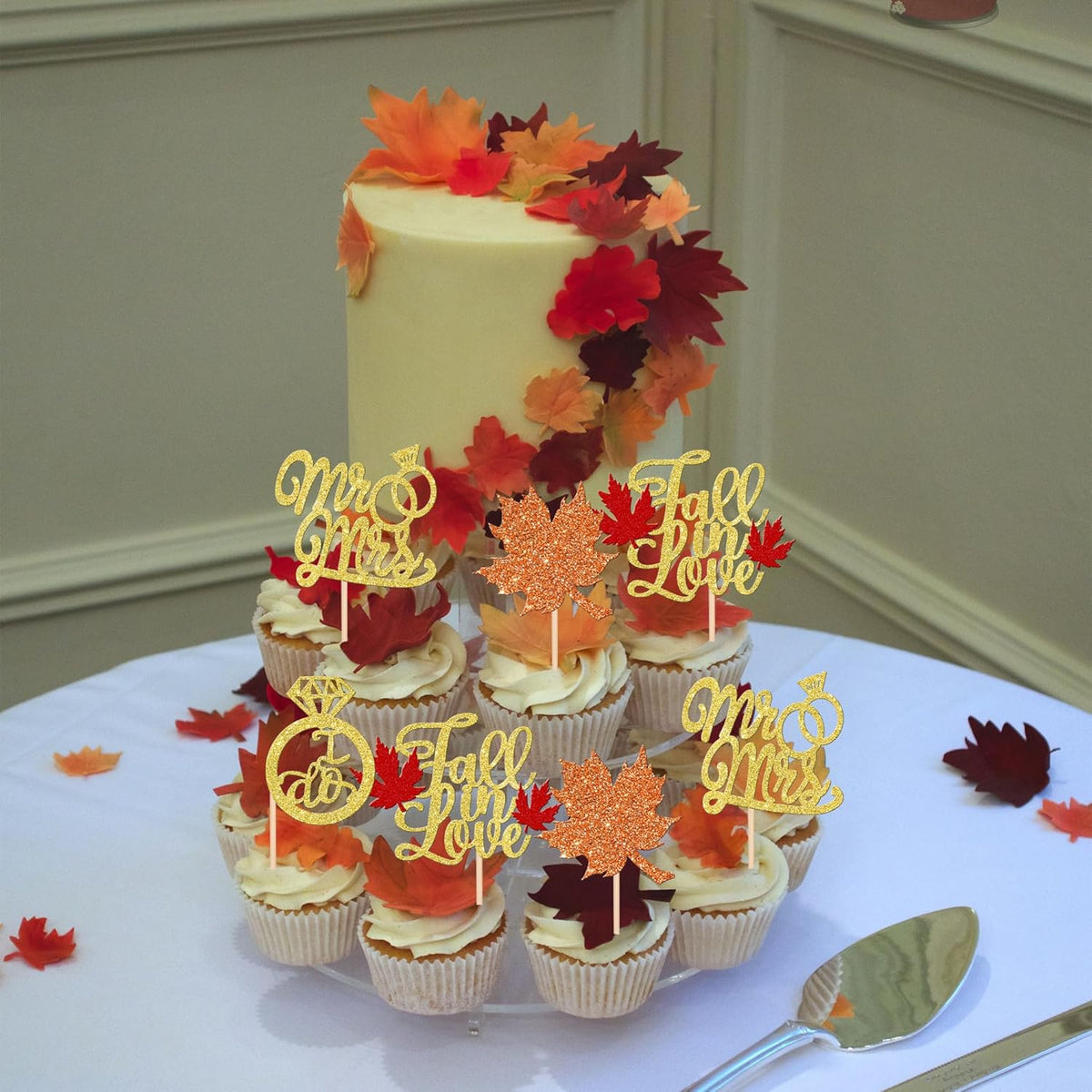24 PCS Fall in Love Cupcake Toppers Glitter Maple Leaf Cupcake Picks Mr & Mrs Diamond I Do Cupcake
