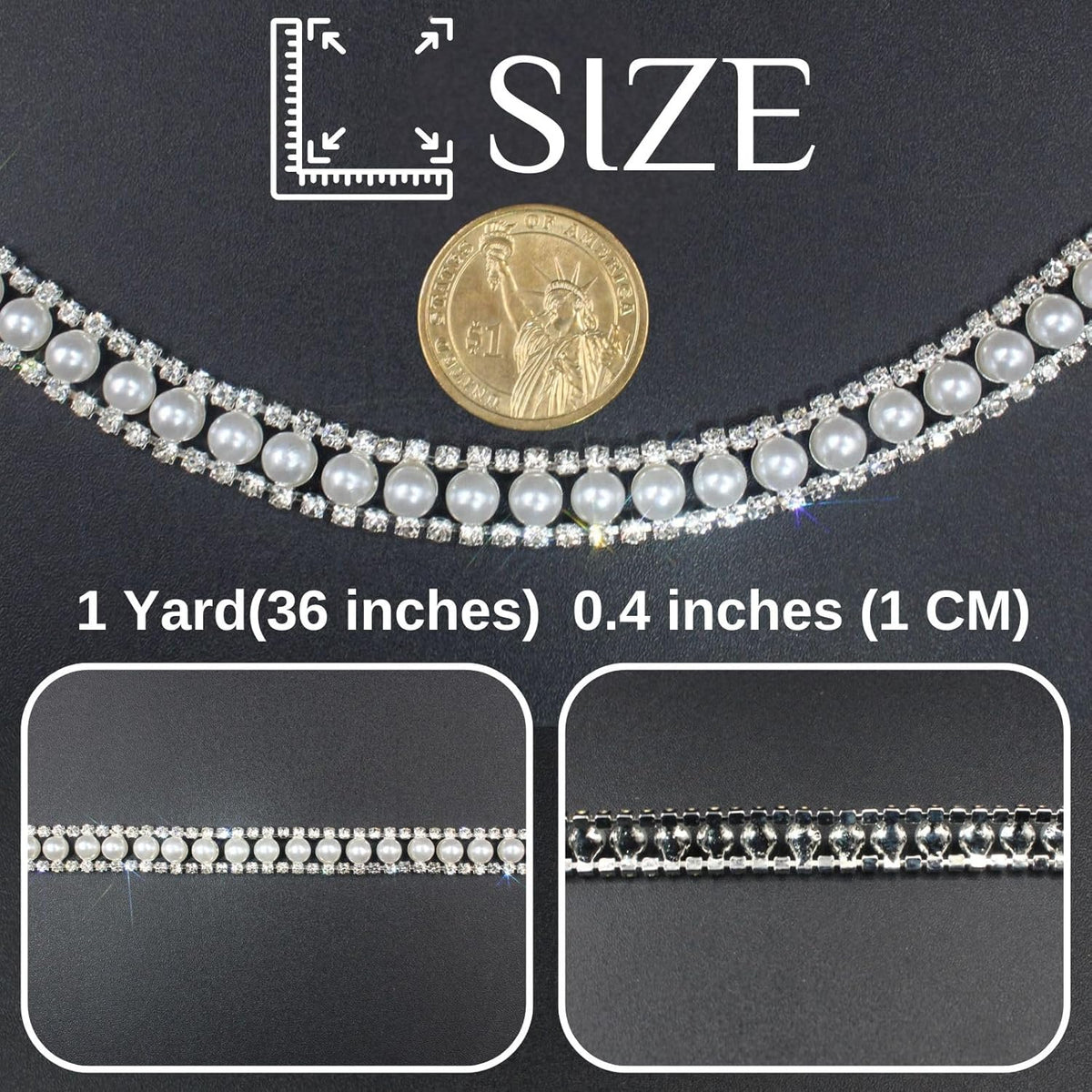 PEARLY JUN 1 Yard Pearl Rhinestone Trim Chain Silver Crystal Fringe Diamond Applique Ribbon String