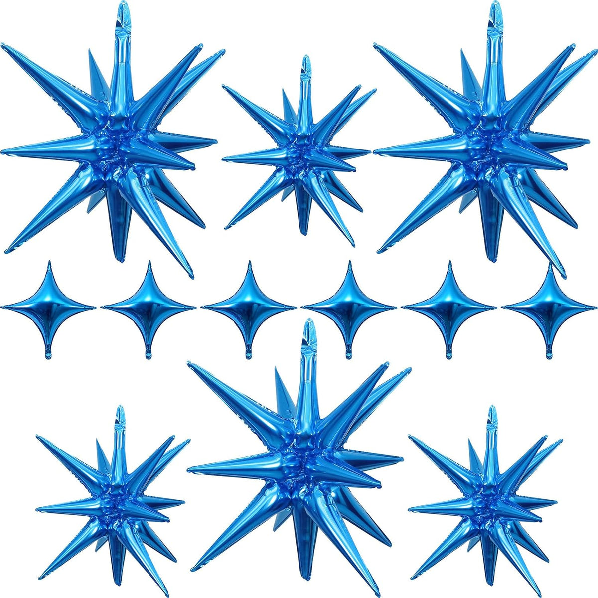 Blue Star Balloons 12pcs, 27/22 Inch Foil Star Explosion Balloons, Large Spike Mylar Cone Balloon
