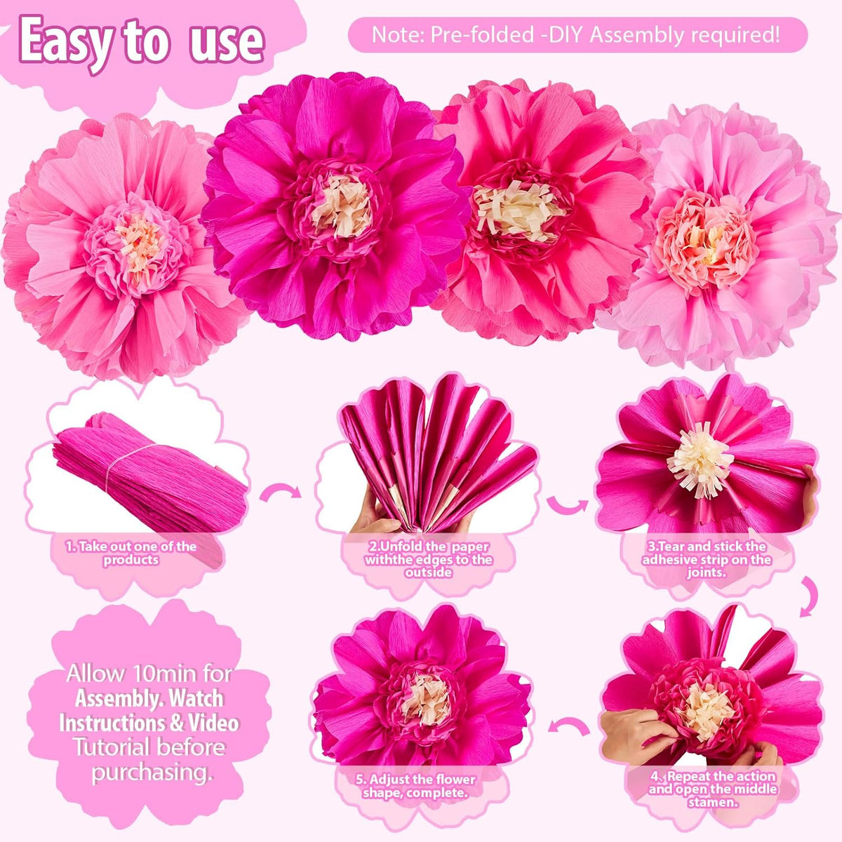 SUNBEAUTY 20" Giant Hot Pink Tissue Paper Flowers - 4 PCS Large Crepe Tissue Fiesta Flowers Party