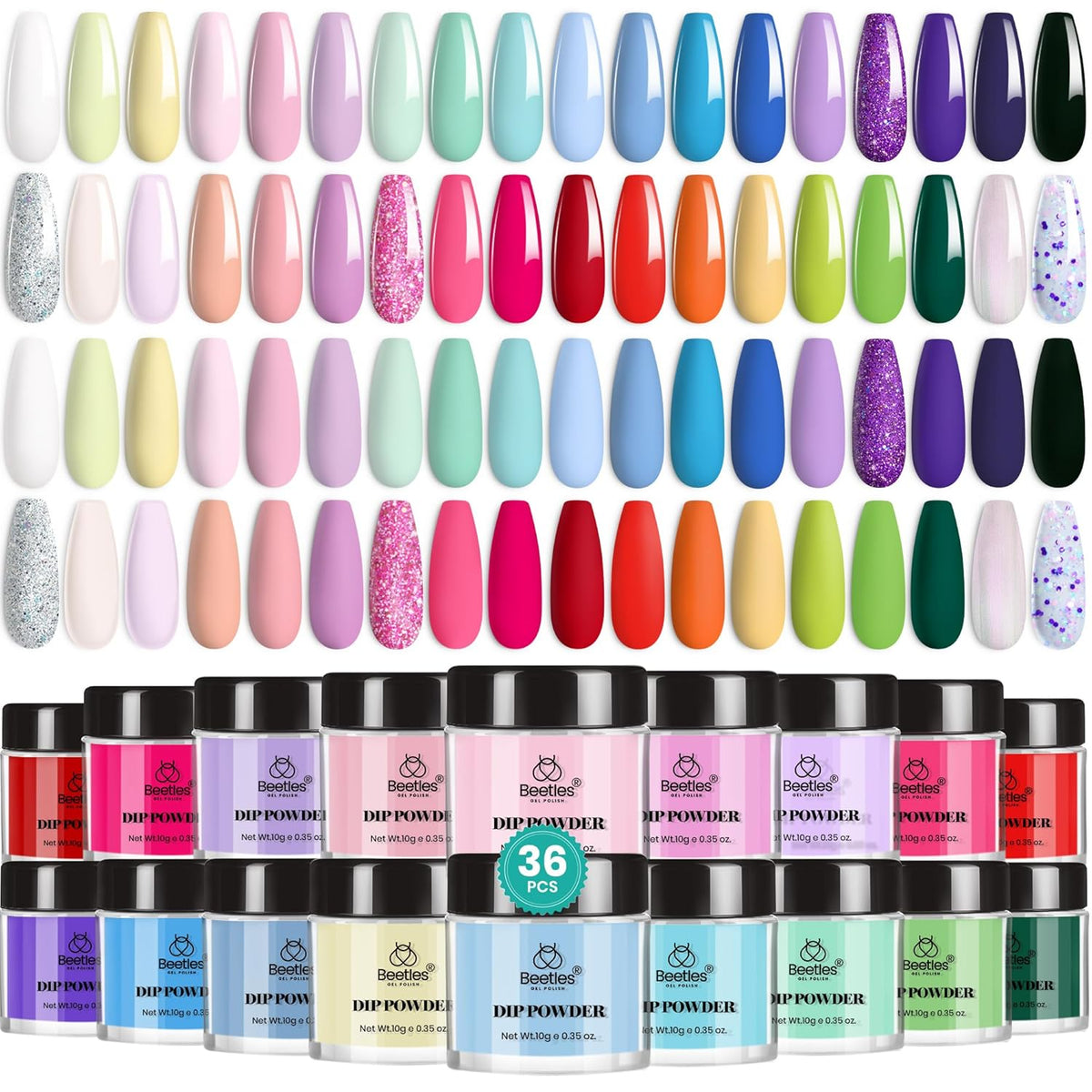 Beetles Dip Powder Nail Kit, 36 Colors Glitter Nude Pink Red Green Pastel Dipping Powder Starter